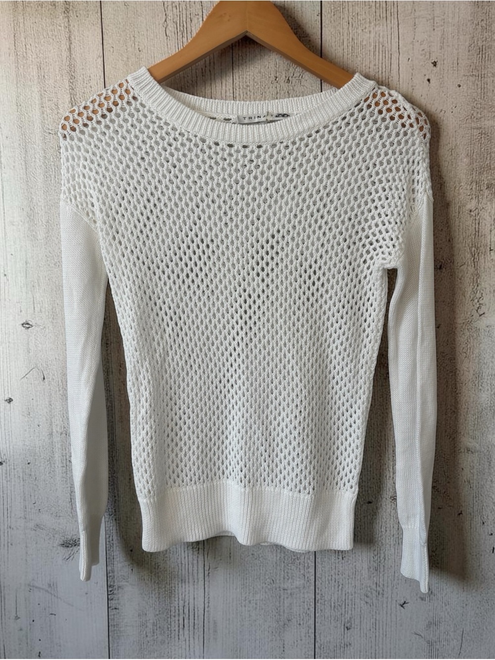 Trina Turk White Open-Knit Crewneck Sweater